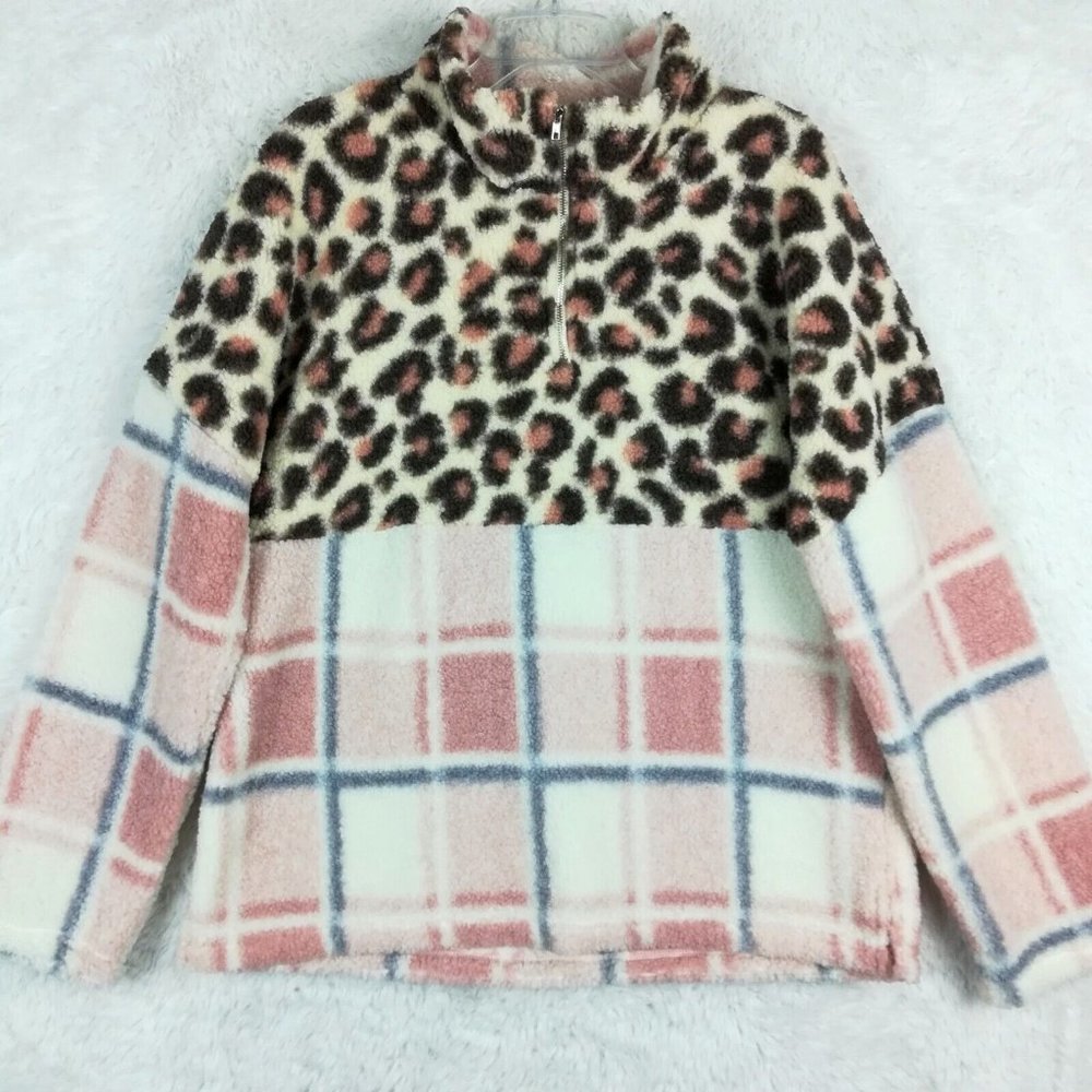 Fantastic Fawn Womens Jacket Fleece Pullover 1/4 Zip Animal Print Pink Plaid‎ M
